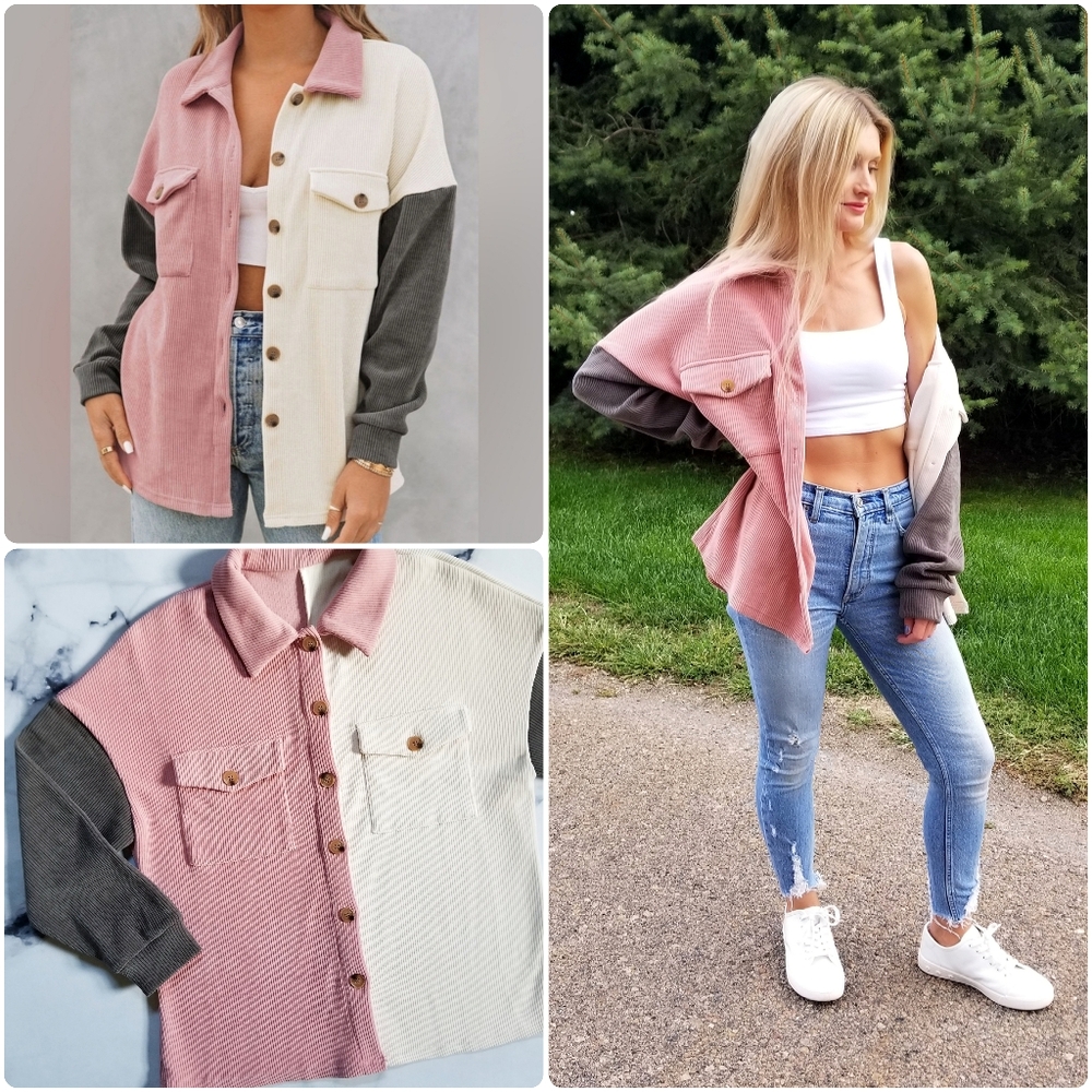 NEW Soft Corduroy Color Block Shirt Jacket Shacket